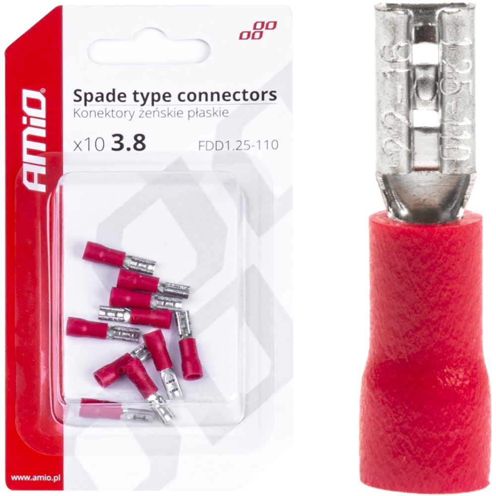 AMIO Konektory izolowane zenskie plaskie 3.8mm 0.5 1.5mm2 10A 10 szt. Hurtownia Sklep Tarnow AMIO Konektory izolowane żeńskie płaskie 3.8mm 0.5-1.5mm2 10A 10 szt.