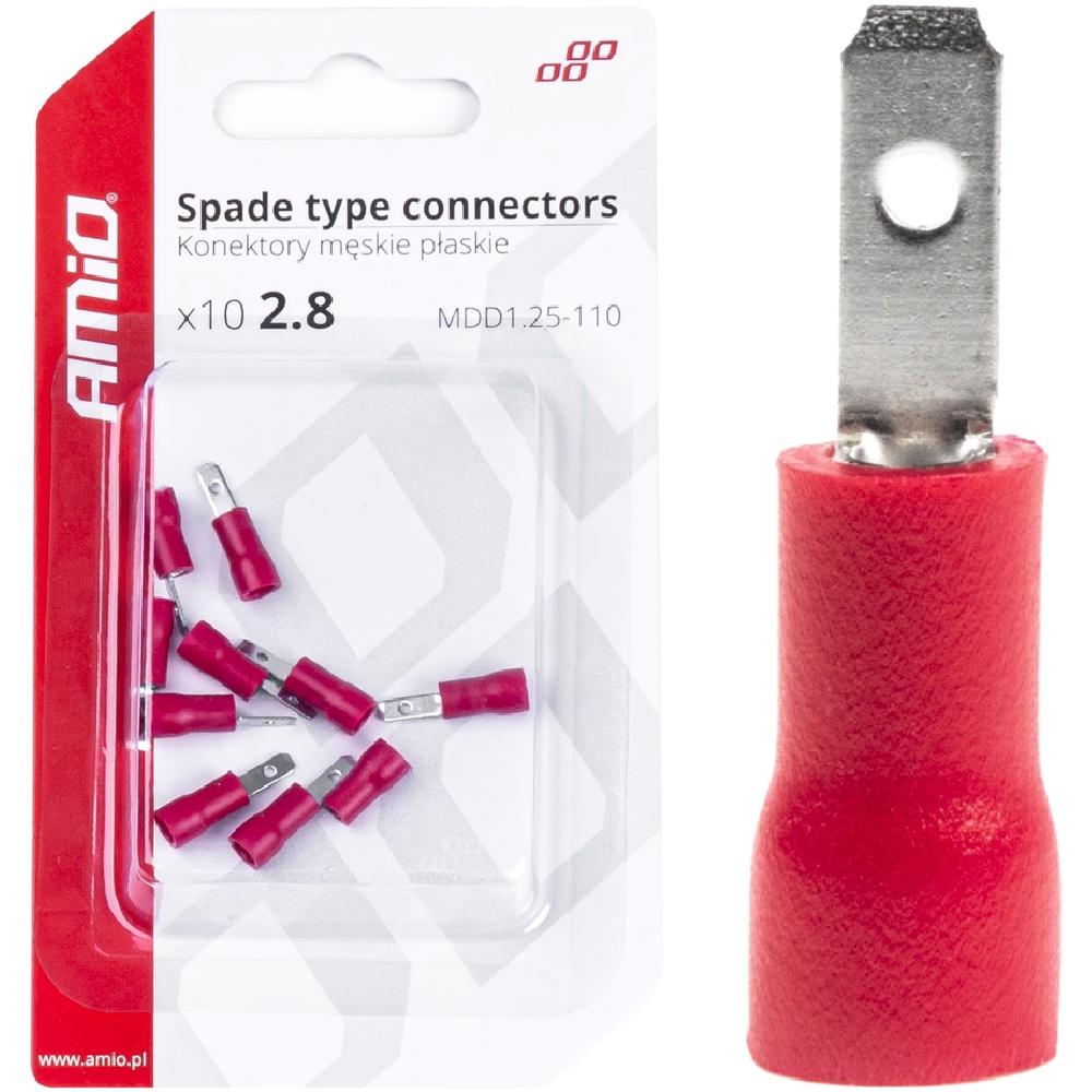 AMIO Konektory izolowane męskie płaskie 2,8mm 10A 10szt.