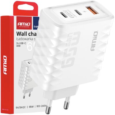 AMIO Ładowarka sieciowa kostka 65W USB-A 2xUSB-C QC