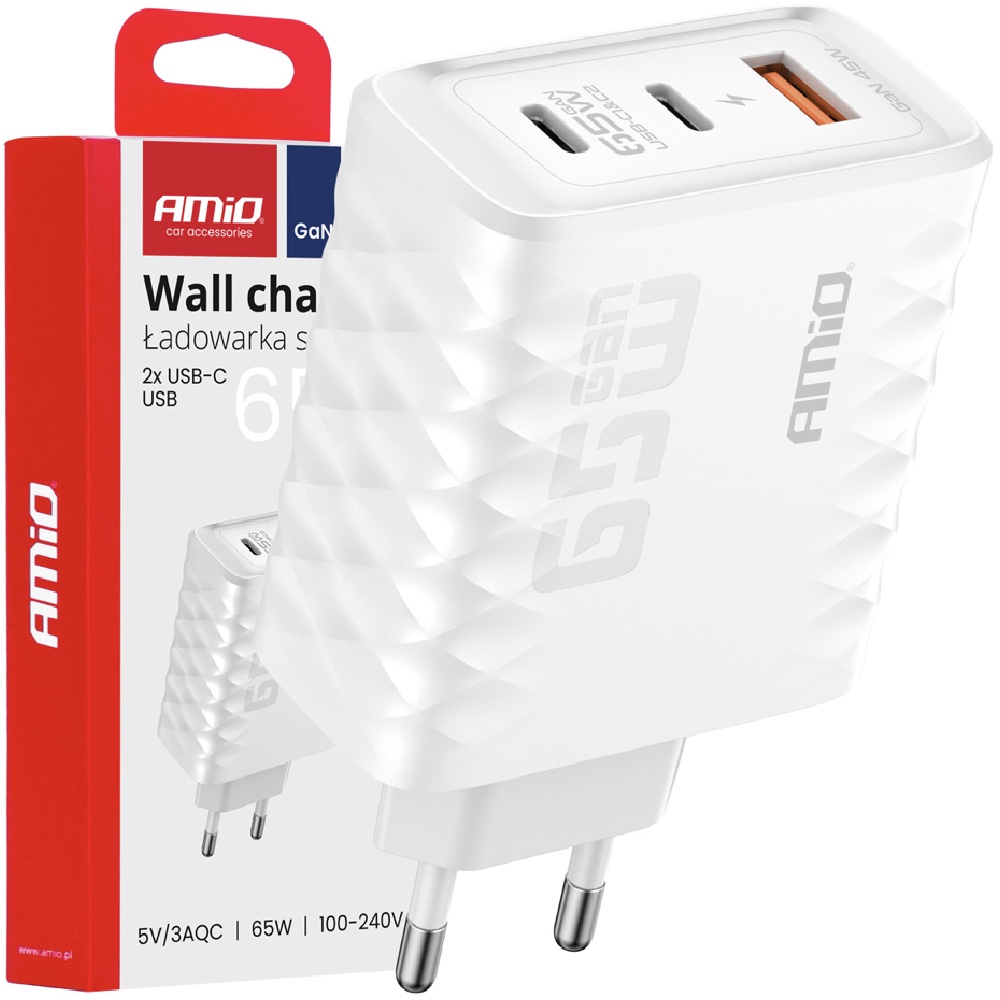 AMIO Ladowarka sieciowa 65W USB A 2xUSB C QC Hurtownia Sklep Tarnow AMIO Ładowarka sieciowa kostka 65W USB-A 2xUSB-C QC