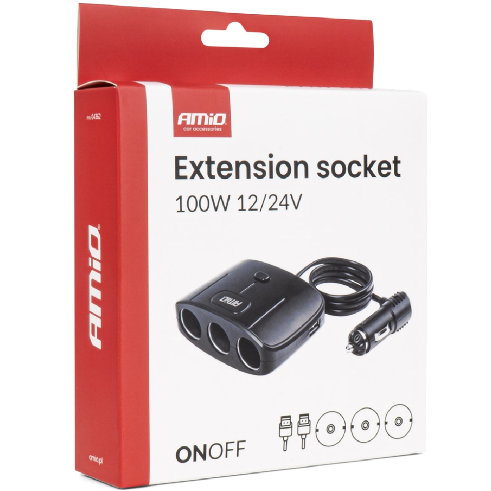 AMIO Trojnik gniazda zapalniczki 100W 2xUSB wlacznik Hurtownia Sklep Tarnow AMIO Trójnik gniazda zapalniczki 100W 2xUSB włącznik