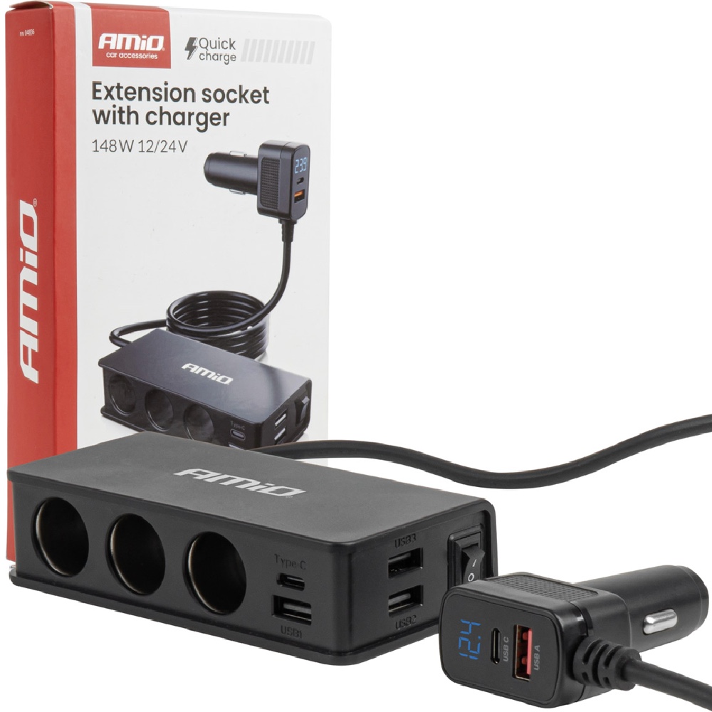 AMIO Trojnik gniazda zapalniczki 148W 3xUSB A USB C QC PD Hurtownia Sklep Tarnow AMIO Trójnik gniazda zapalniczki 148W 3xUSB-A USB-C