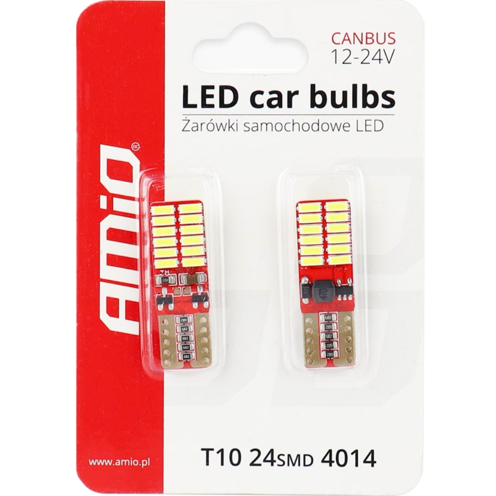 AMIO Zarowka LED W5W T10 24SMD 12V biala barwa swiatla 2 szt Hurtownia Sklep Tarnow AMIO Żarówki LED CANBUS W5W T10 24SMD 12V 24V 2 szt.