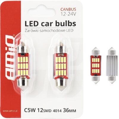 AMIO Żarówki LED CANBUS C3W C5W C10W 36mm 2 szt. 12xSMD 4014 Festoon Białe 12V 24V 2szt
