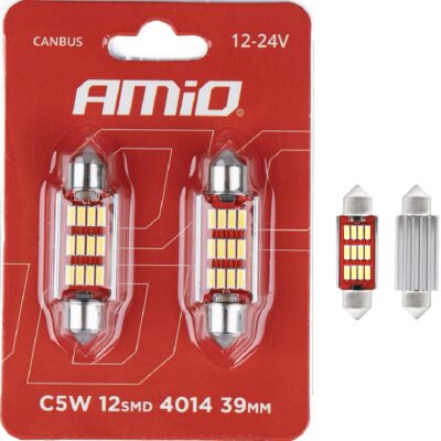 AMIO Żarówki LED CANBUS C3W C5W C10W 39mm 12SMD 4014 Festoon Białe 12V 24V 2szt