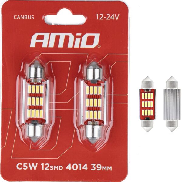 AMIO Żarówki LED CANBUS C3W C5W C10W 39mm 12SMD 4014 Festoon Białe 12V 24V 2szt