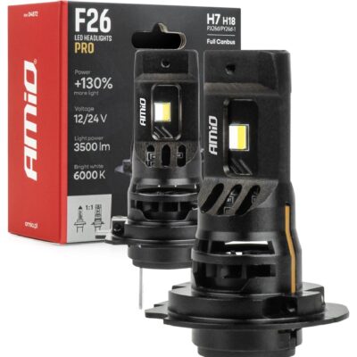 AMIO Żarówki LED CANBUS H7 H18 F26 +130% 12/24V