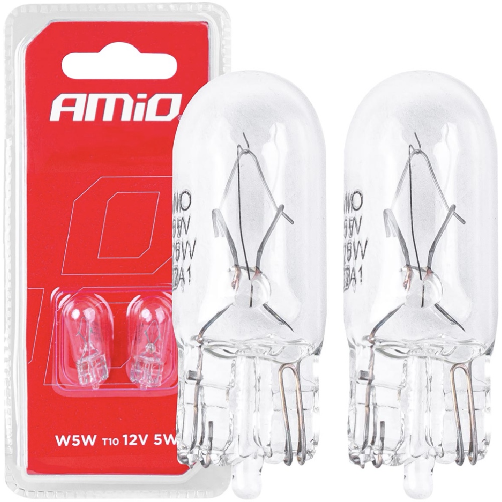 AMIO Zarowki halogenowe W5W 12V T10 W2 1x9 5d 2szt blister Hurtownia Sklep Tarnow AMIO Żarówki halogenowe W5W całoszklane 12V T10 W2.1x9.5d 2szt. blister