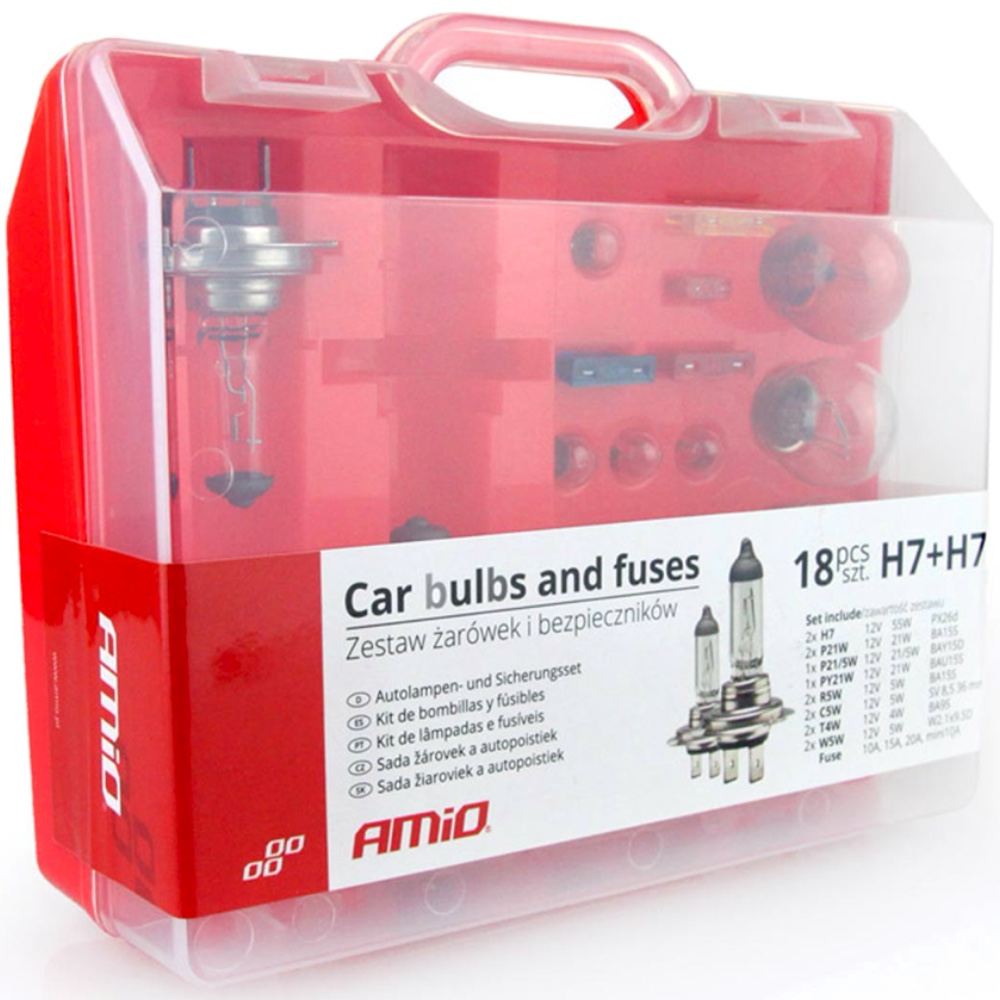 AMIO Zestaw zarowek i bezpiecznikow 2xH7 Zasobnik 18 szt Hurtownia Sklep Tarnow AMIO Zestaw żarówek i bezpieczników 2xH7 Zasobnik 18 szt.
