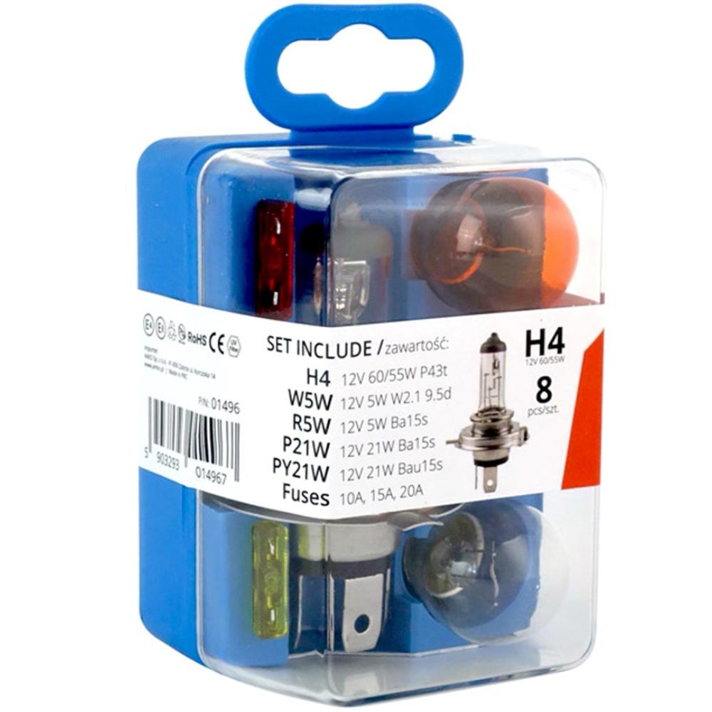 AMIO Zestaw zarowek i bezpiecznikow H4 zasobnik 8 szt Hurtownia Sklep Tarnow AMIO Zestaw żarówek i bezpieczników H4 zasobnik 8 szt.