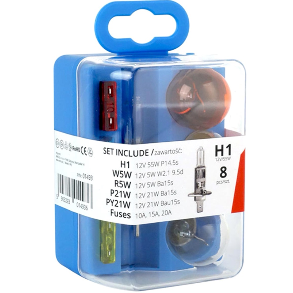 AMIO Zestaw zarowek i bezpiecznikow zasobnik z zarowka H1 8 szt Hurtownia Sklep Tarnow AMIO Zestaw żarówek i bezpieczników zasobnik H1 8 szt.