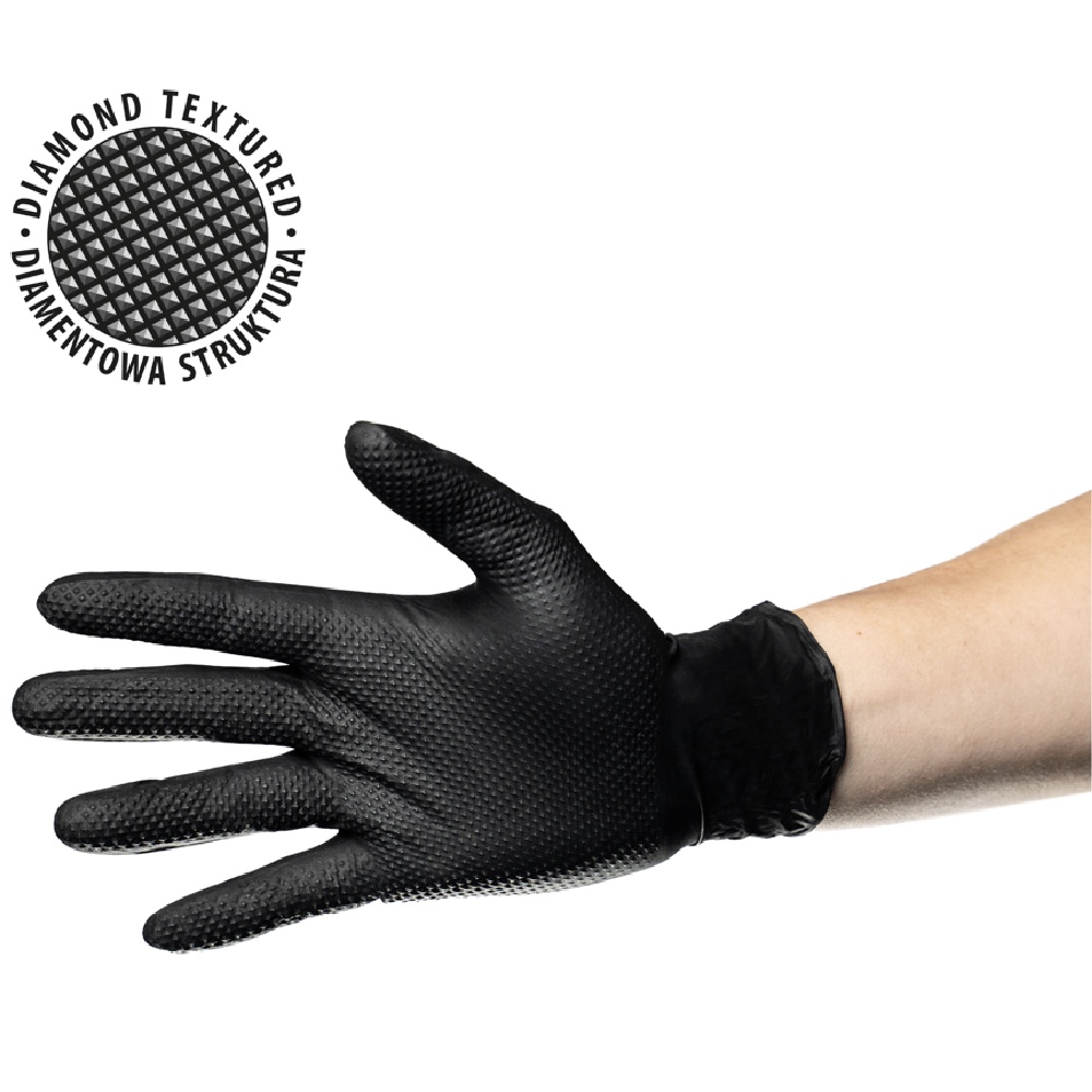 BOLL REKAWICE NITRYLOWE DIAMOND SUPER WYTRZYMALE DIAMENTOWA STRUKTURA EXTRA STRONG S M L XL Hurtownia Sklep Tarnow BOLL Rękawicznik nitrylowe czarne DIAMOND 50szt. rozmiar „L” - obrazek 2