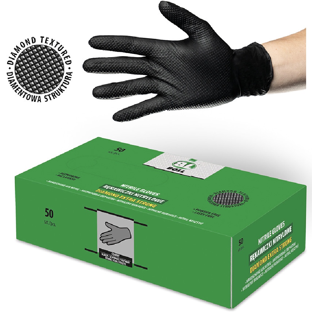 BOLL REKAWICZKI NITRYLOWE DIAMOND EXTRA STRONG S M L XL Hurtownia Sklep Tarnow BOLL Rękawicznik nitrylowe czarne DIAMOND 50szt. rozmiar „L”