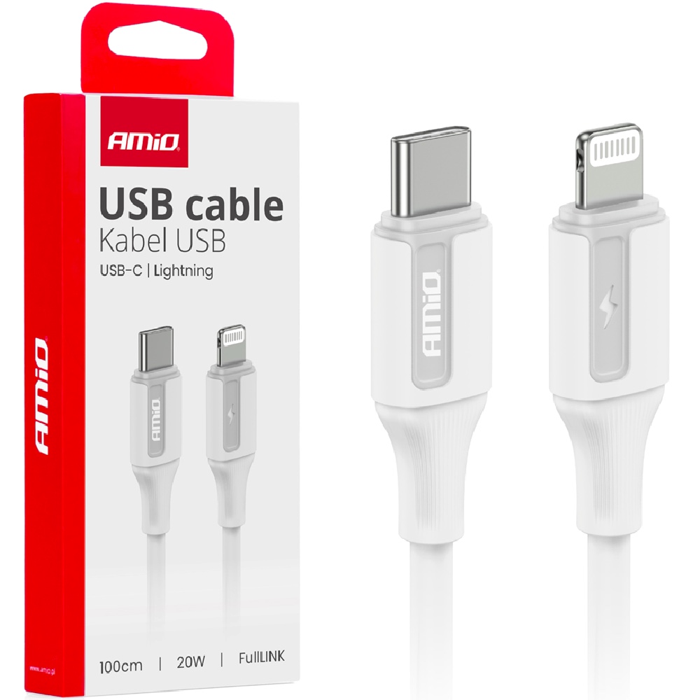 Kabel do ladowania USB C IPHONE LIGHTNING 20W 100cm AMIO 03922 Hurtownia Sklep Tarnow AMIO Kabel USB-C / iPhone Lightning 20W 1m FullLink
