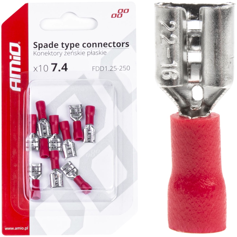 Konektory izolowane zenskie plaskie 7.4mm 0.5 1.5mm2 10A 10 szt. AMIO 03062 Hurtownia Sklep Tarnow AMIO Konektory izolowane żeńskie płaskie 7.4mm 0.5-1.5mm2 10A 10 szt.