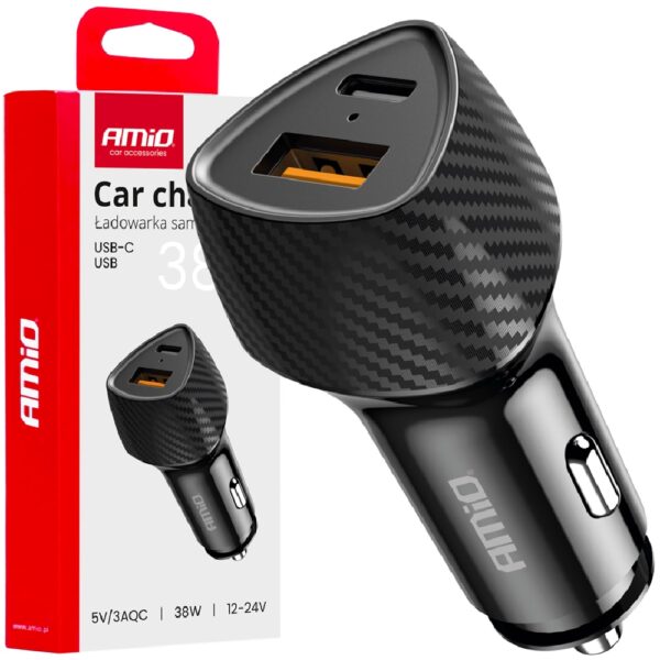 AMIO Ładowarka samochodowa 38W USB-A / USB-C QC+PD