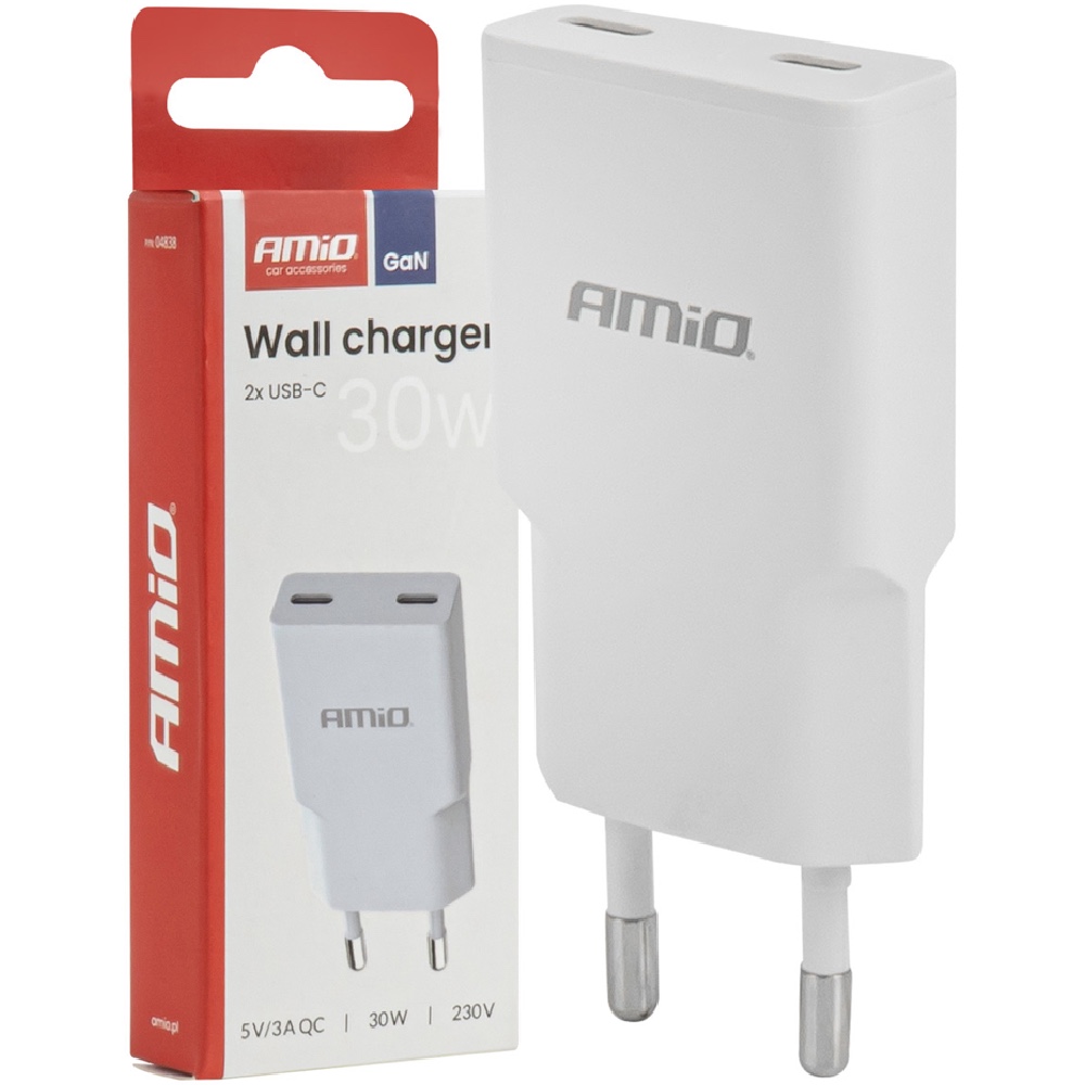 Ladowarka sieciowa 230V 30W GaN 2xUSB C AMIO 04839 Hurtownia Sklep Tarnow AMIO Ładowarka kostka sieciowa 30W 230V GaN 2xUSB-C
