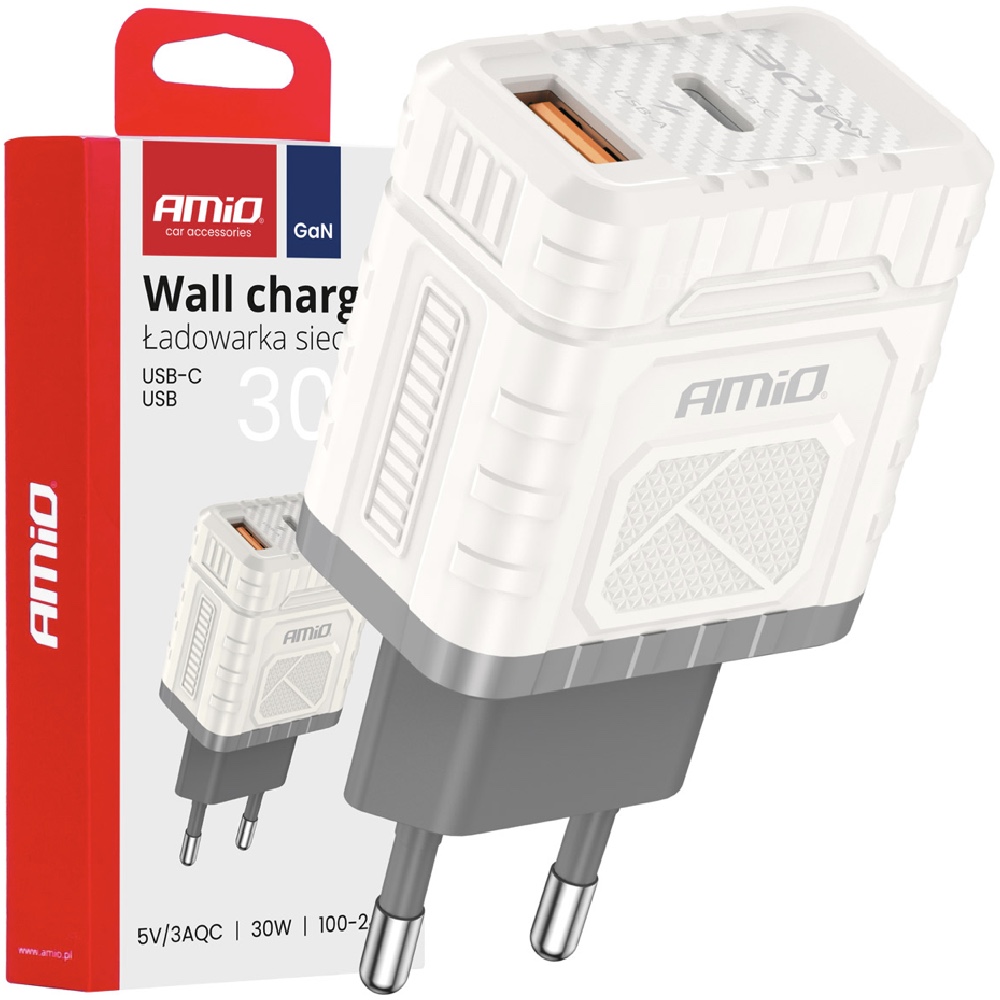 AMIO Ładowarka sieciowa kostka 30W USB-A USB-C QC GaN