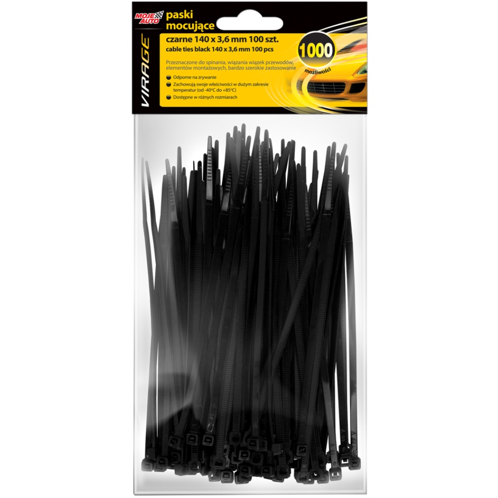 Moje Auto Virage Opaski plastikowe czarne 140×36mm 100 szt Trytytki Hurtownia Sklep Tarnow Moje Auto Virage Opaski plastikowe czarne 140x3,6mm 100 szt Trytytki