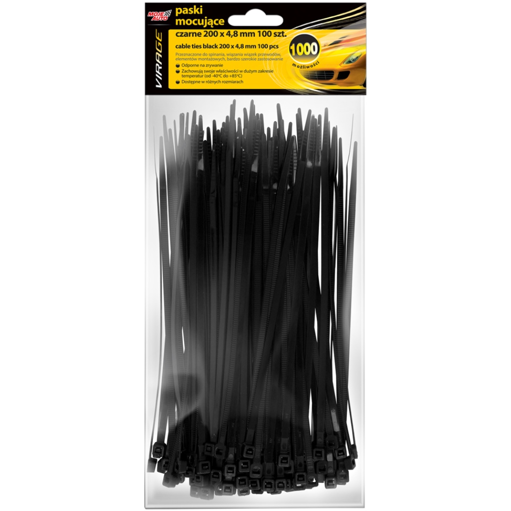 Moje Auto Virage Opaski plastikowe czarne 200×4,8mm 100 szt Trytytki