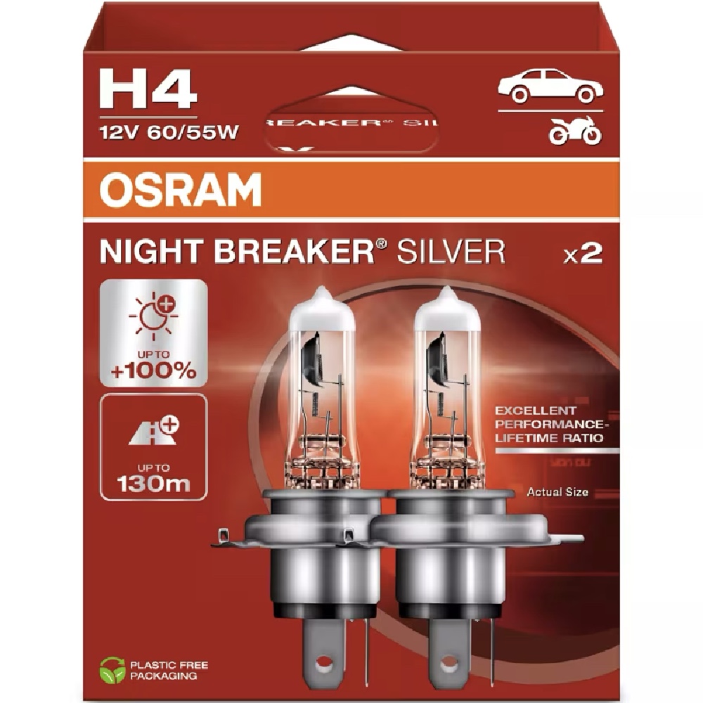 OSRAM H4 Night Breaker Silver +100% 60/55W 12V Żarówki halogenowe 2szt.