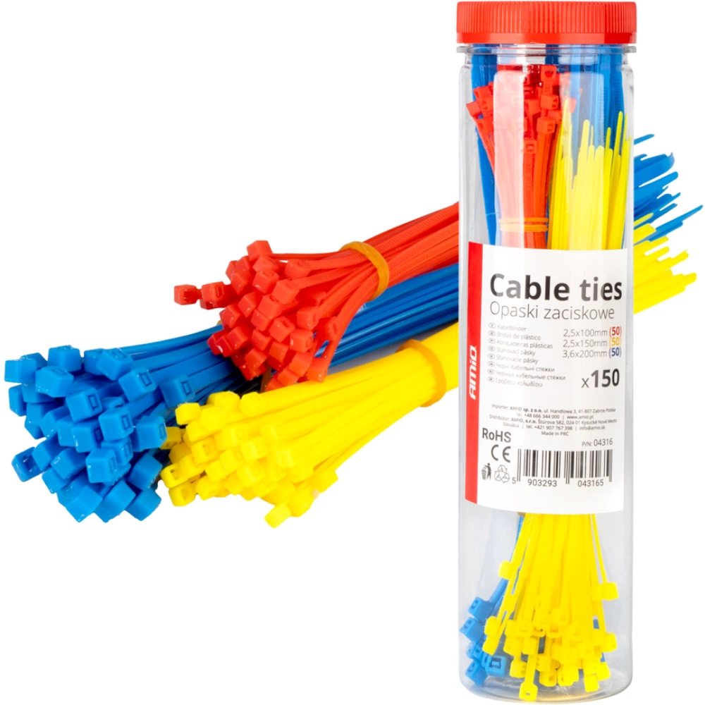 Opaski zaciskowe plastikowe wielokolorowe zestaw 150 szt AMIO 04316 Hurtownia Sklep Tarnow AMIO Opaski zaciskowe plastikowe wielokolorowe zestaw 150 szt.