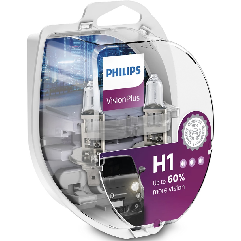 PHILIPS Zarowki halogenowe H1 VisionPlus plus 60 procent 12V 55W 2szt Hurtownia Sklep Tarnow PHILIPS Żarówki halogenowe H1 VisionPlus +60% 12V 55W 2szt