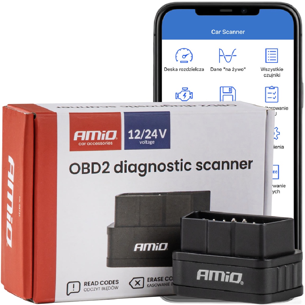 Skaner tester interfejs diagnostyczny AMiO OBD2 BT PIC25K80 DC24K AMIO 04731 Hurtownia Sklep Tarnow AMIO Skaner diagnostyczny OBD2 interfejs Bluetooth