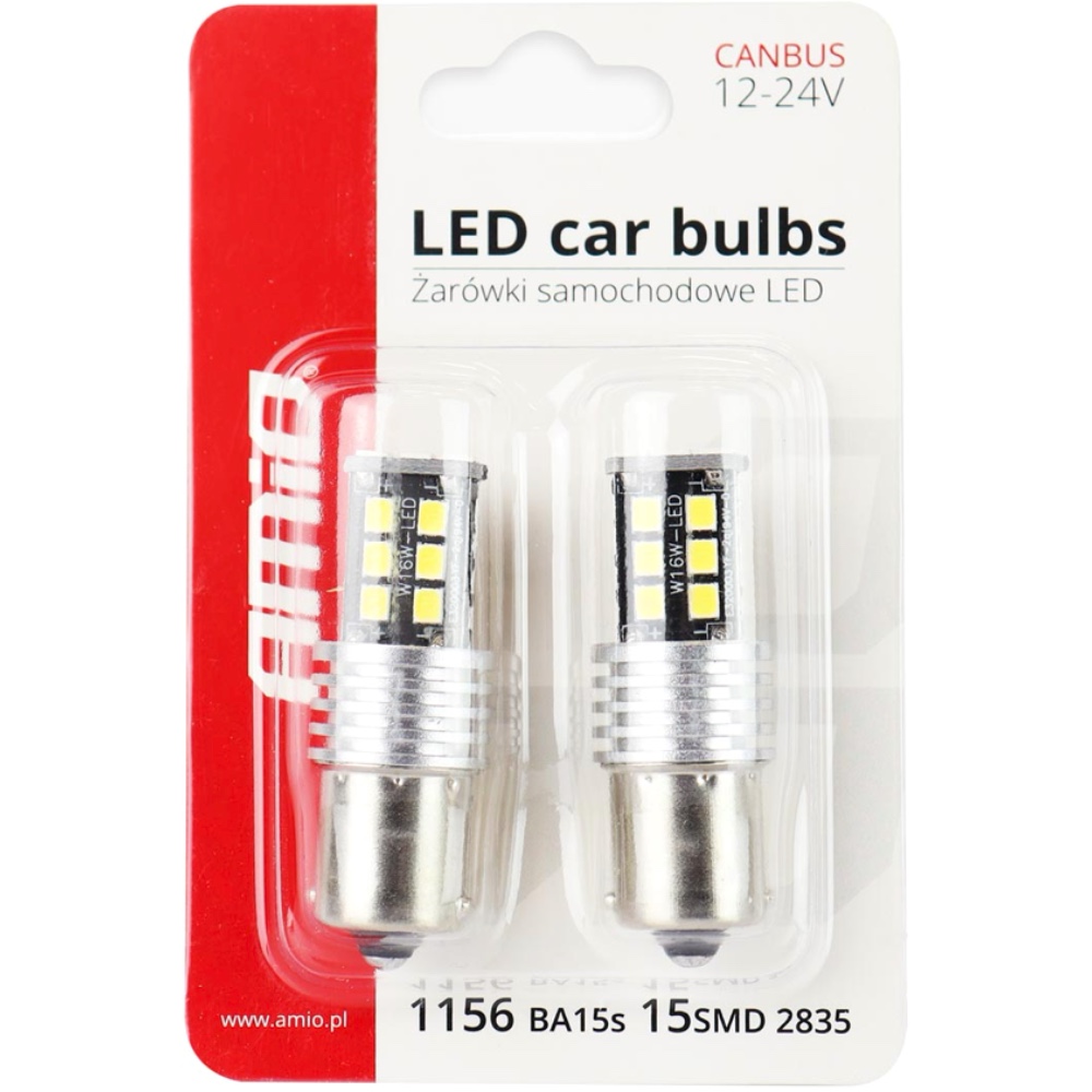 Zarowki LED CANBUS 2835 15SMD 1156 BA15S P21W R10W R5W White 12V 24V AMIO 01293 Hurtownia Sklep Tarnow AMIO Żarówki LED CANBUS 2835 15SMD 1156 BA15S P21W R10W R5W White 12/24V