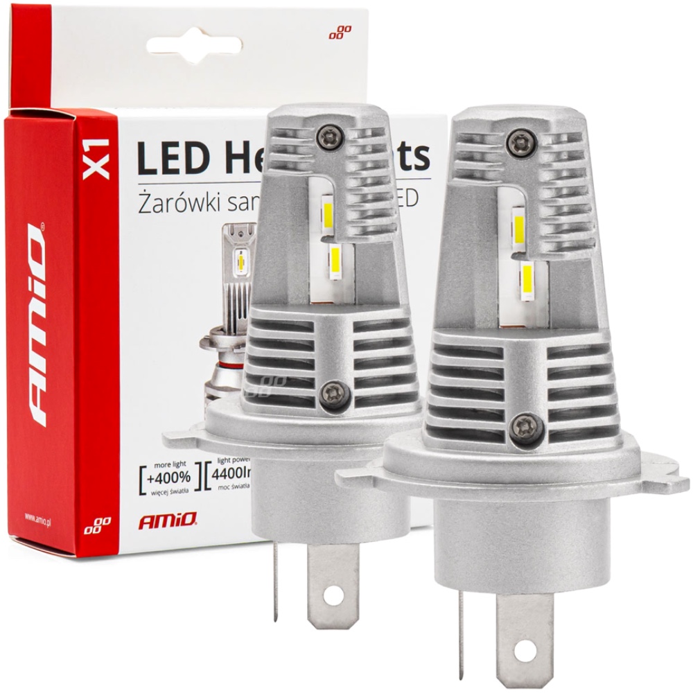 Zarowki samochodowe LED seria X1 H4H19 6500K Canbus AMIO 02965 Hurtownia Sklep Tarnow Żarówki samochodowe LED Canbus H4/H19 6500K 40W seria X1